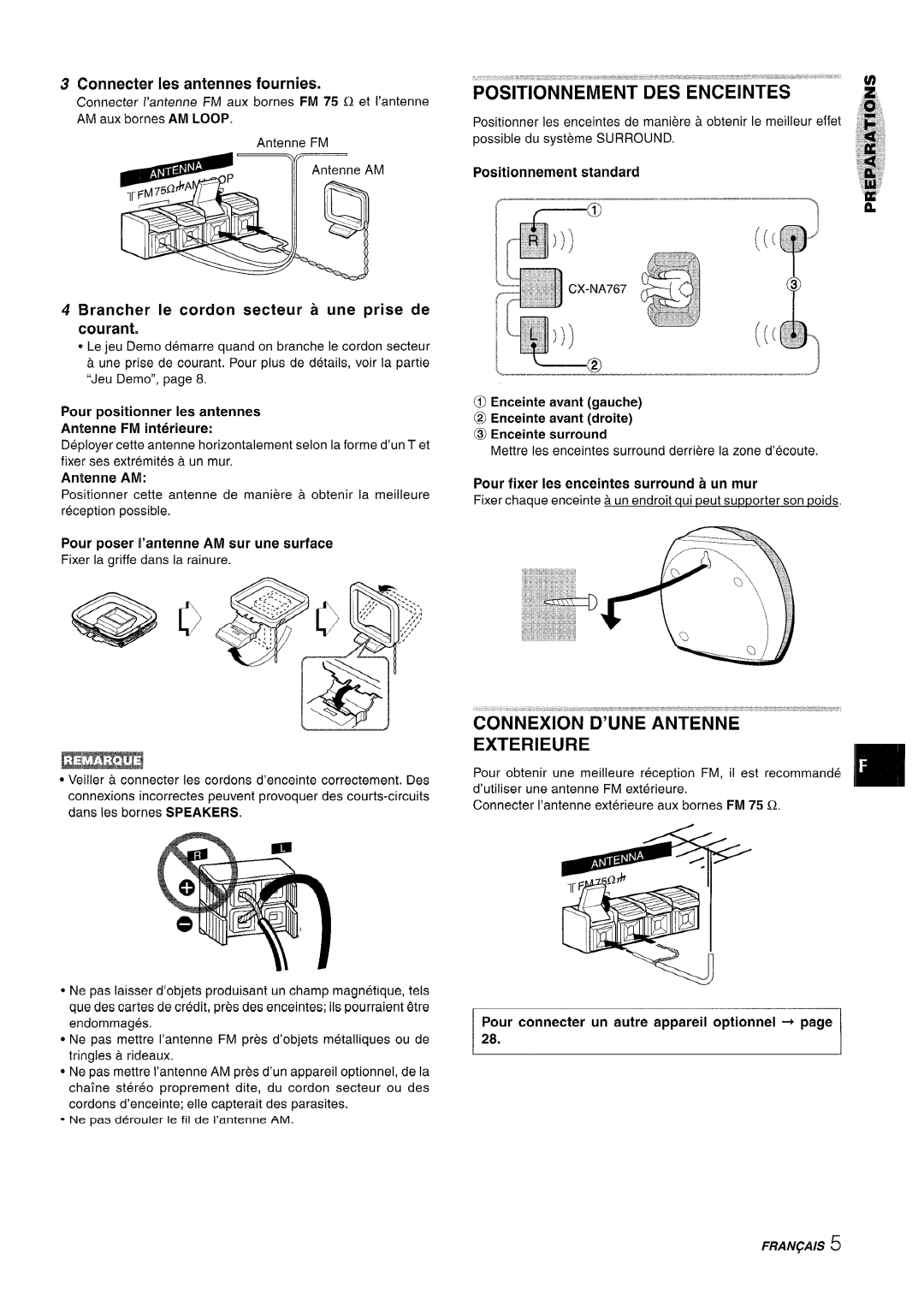 Sony NSX-A767 manual Il L---@, Connexion D’Une Antenne Exterieure, Connecter Ies antennes fournies, Positionnement standard 
