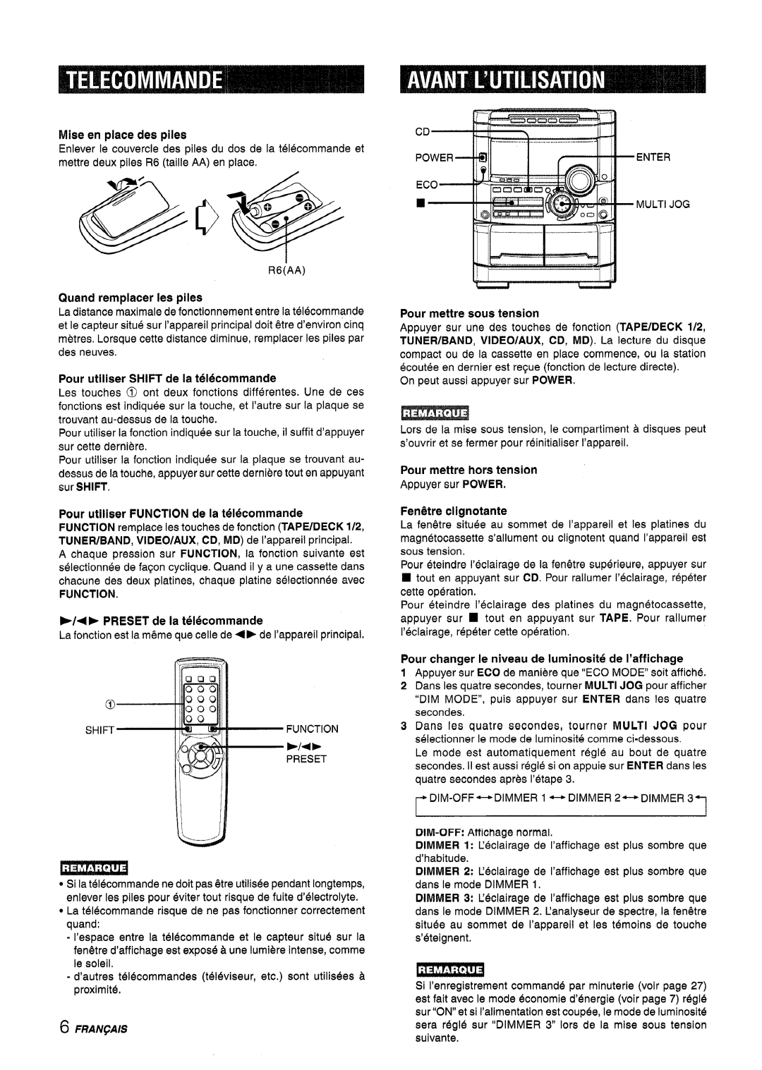 Sony NSX-A767 manual Pour utiliser FUNCTION de la telecommande, E/+P PRESET de la telecommande, Mise en place des piles 