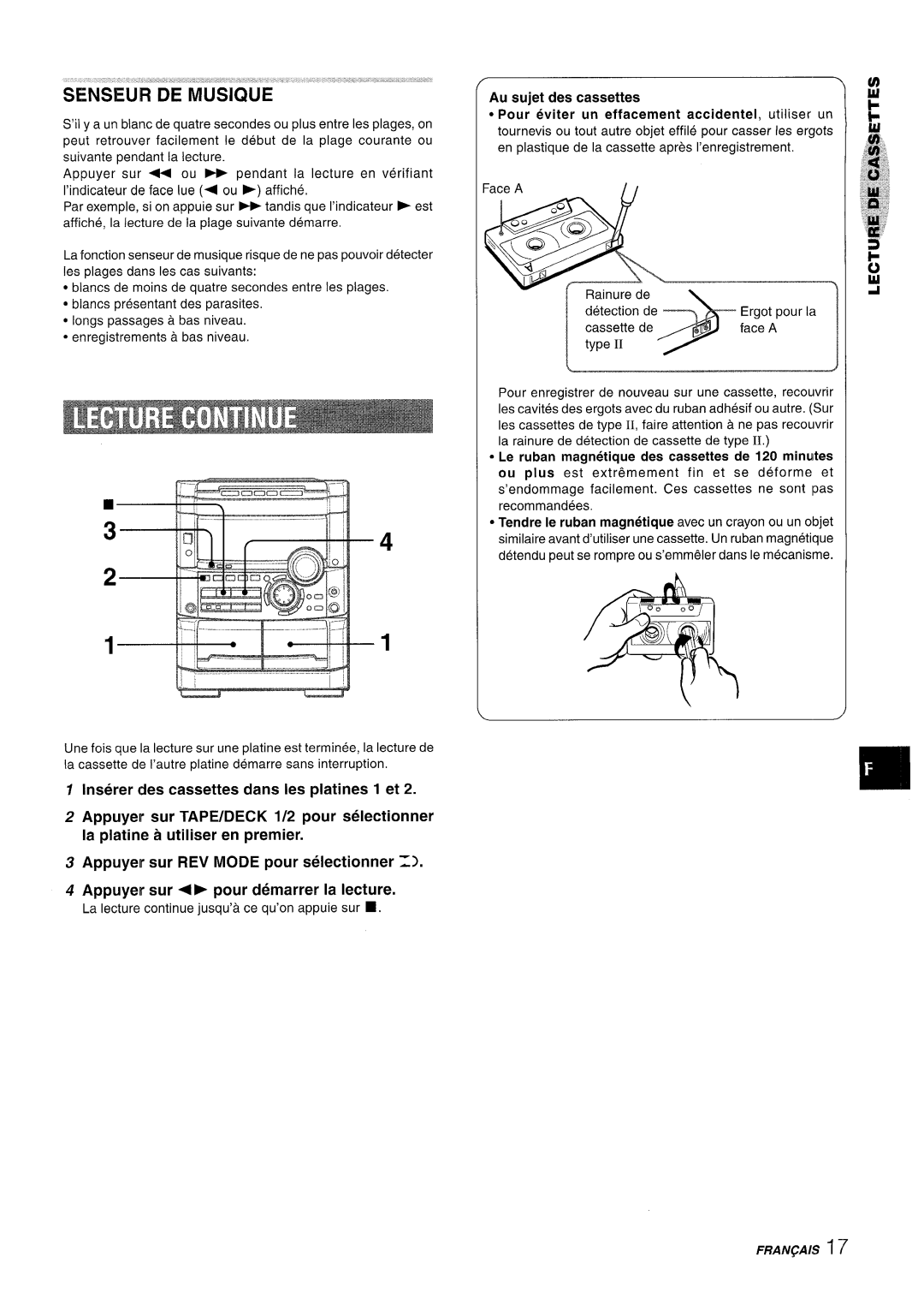 Sony NSX-A767 manual Inserer cles cassettes clans Ies platines 1 et, Appuyer sur REV MODE pour selectionner Z 