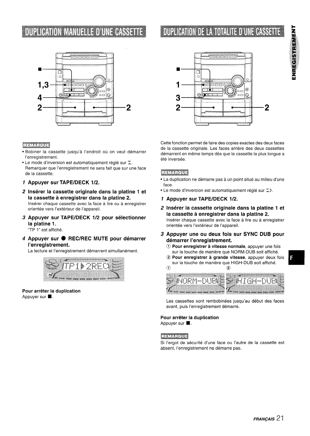 Sony NSX-A767 manual Appuyer sur TAPE/DECK 1/2 pour selectionner la platine, Pour arr&er la duplication, FRAN~AIS 2 ‘1 