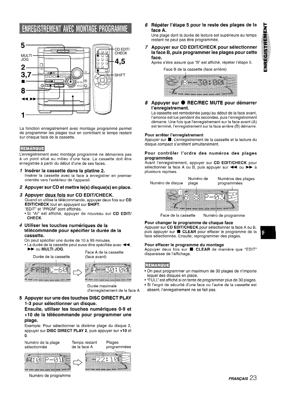 Sony NSX-A767 manual Repeter I’etape 5 pour Ie reste des plages de la face A, Appuyer deux fois sur CD EDIT/CHECK 