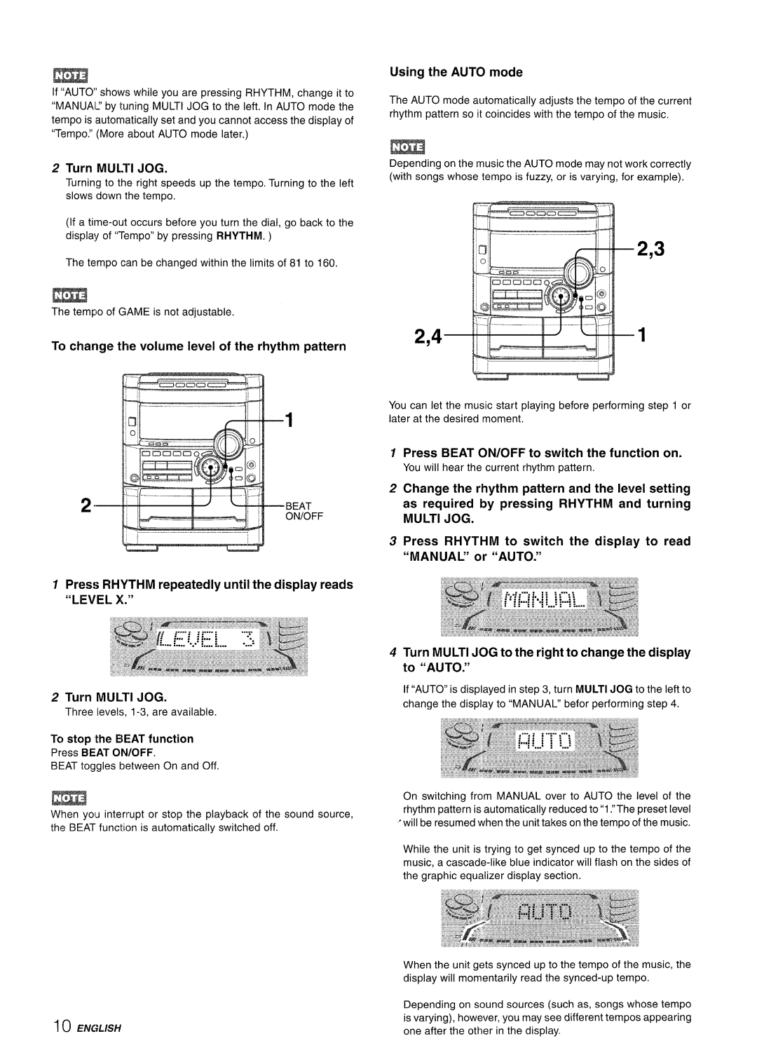 Sony NSX-A777 manual Turn Multi JOG, Using the Auto mode, To stop ‘the Beat function, 10ENGLISH 