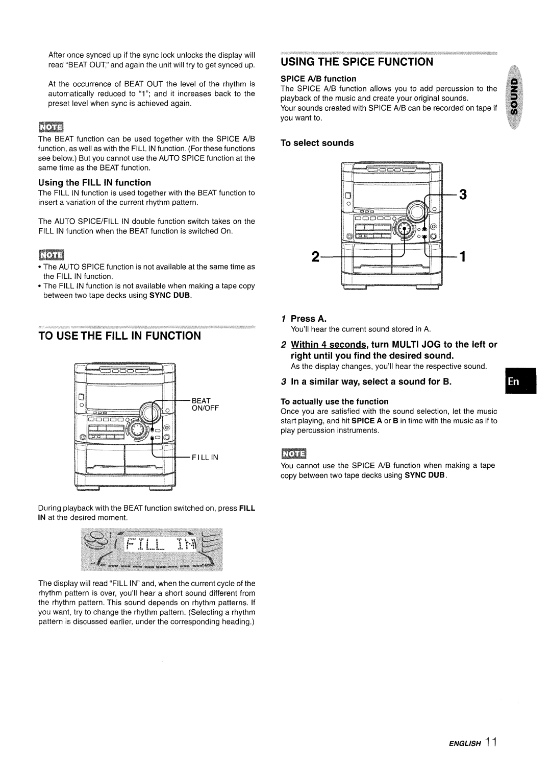 Sony NSX-A777 manual Using the Spice Function, Lifsing the Fill in function, To select sounds, Press a 