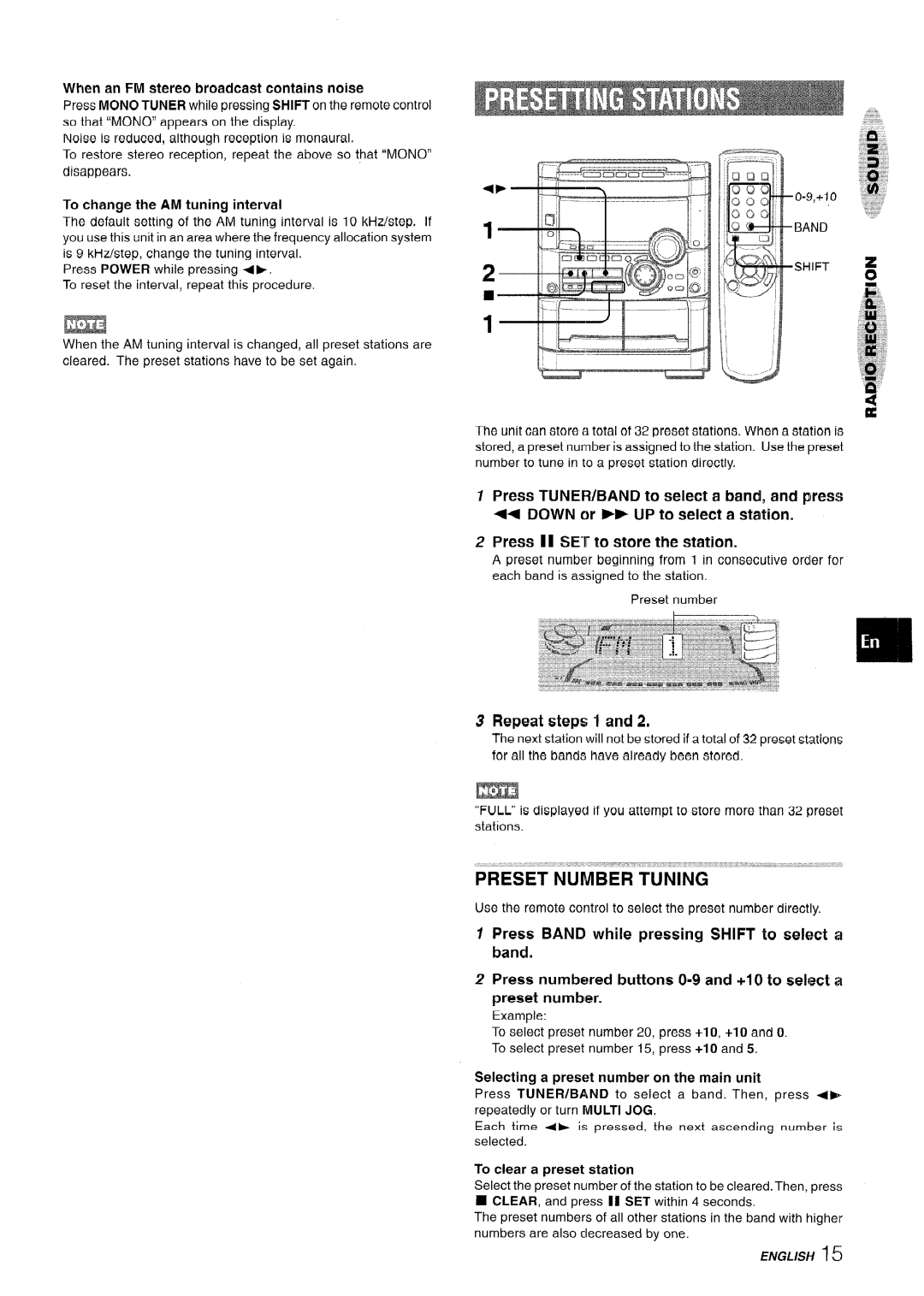 Sony NSX-A777 Preset NUtiBERTUNING, Repeat steps 1, When an FM stereo broadcast contains noise, To clear a preset station 