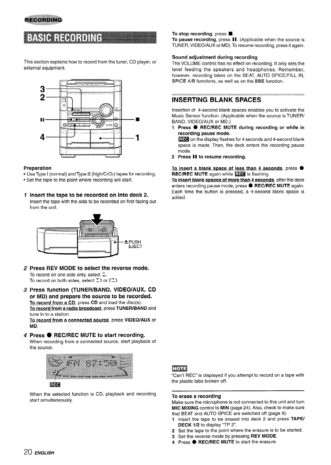 Sony NSX-A777 manual Inserting Blank Spaces, Insert the tape to be recorded on into deck 