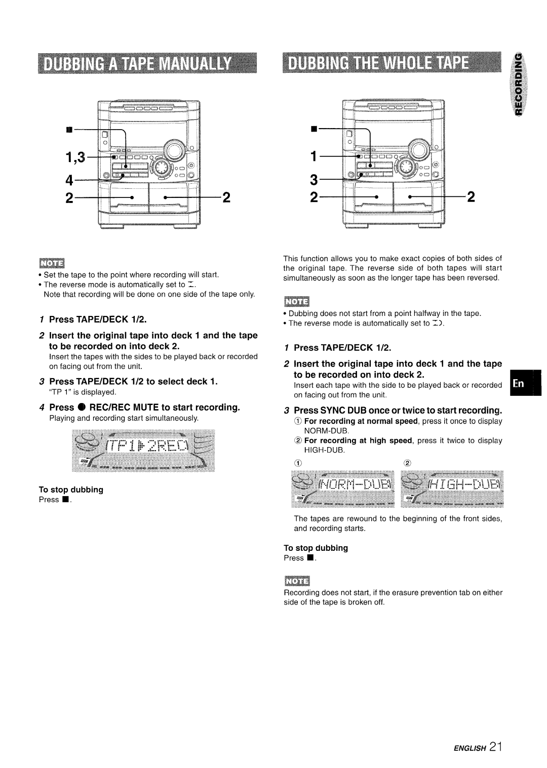 Sony NSX-A777 Press TAPE/DECK 1/2 to select deck, Press O REC/REC Mute to start recording, To stop dubbing, English 2 