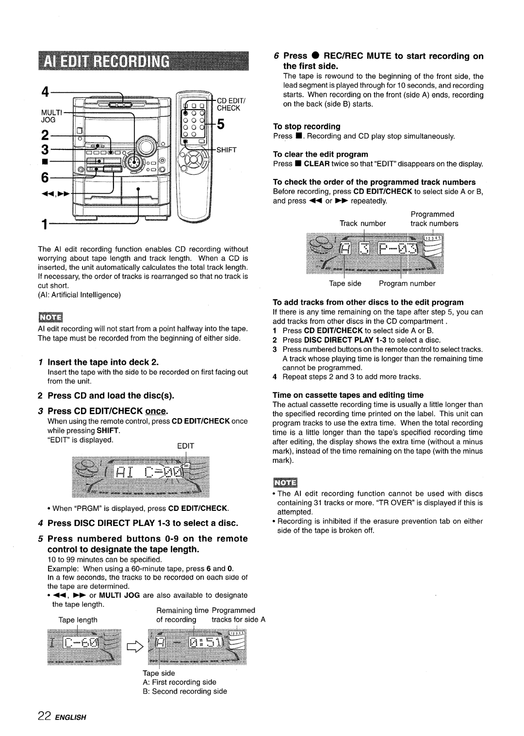 Sony NSX-A777 manual Insert the tape into deck, Press CD and load the discs Press CD EDIT/CHECK ~ 