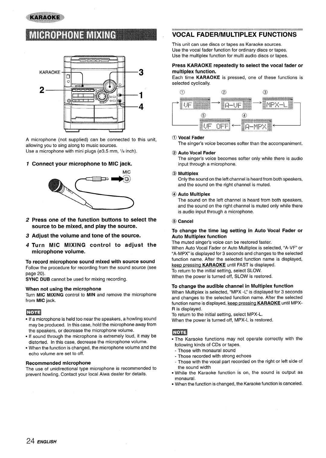 Sony NSX-A777 manual Vocal Fadefumultiplex Functions, Connect your microphone to MIC jack, When not using the microphone 