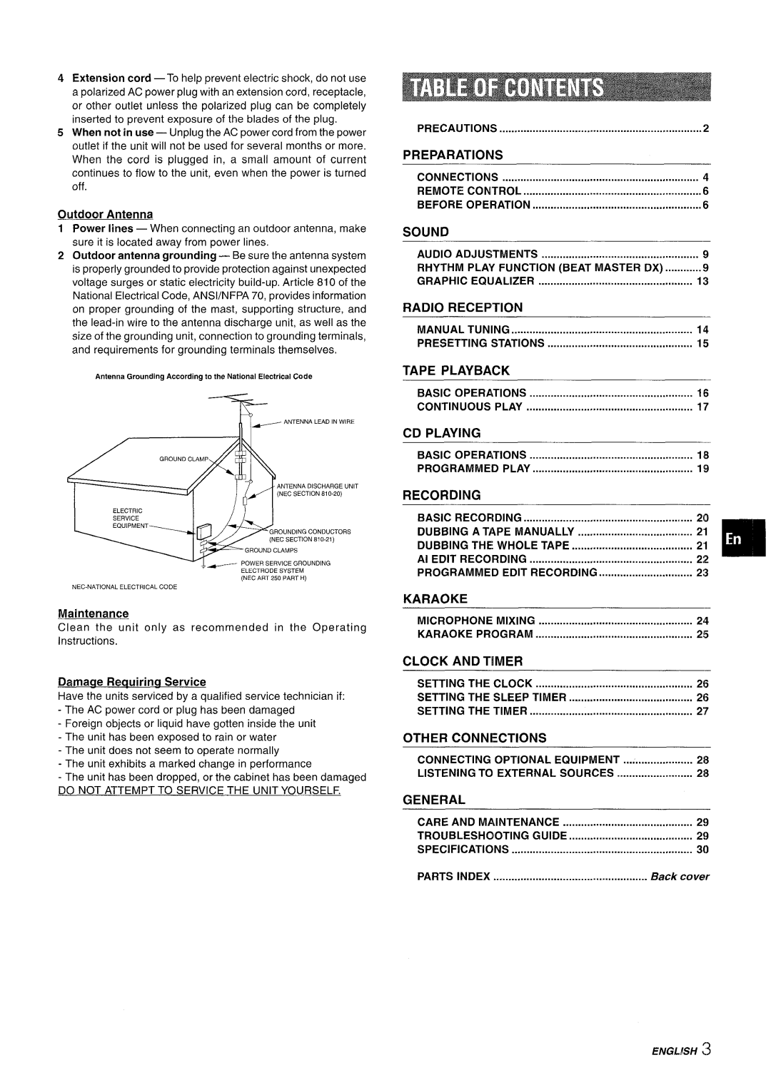 Sony NSX-A777 manual Preparations, Sound, Radio Reception, Tape Playback, CD Playing, Recording, Karaoke, Clock and Timer 