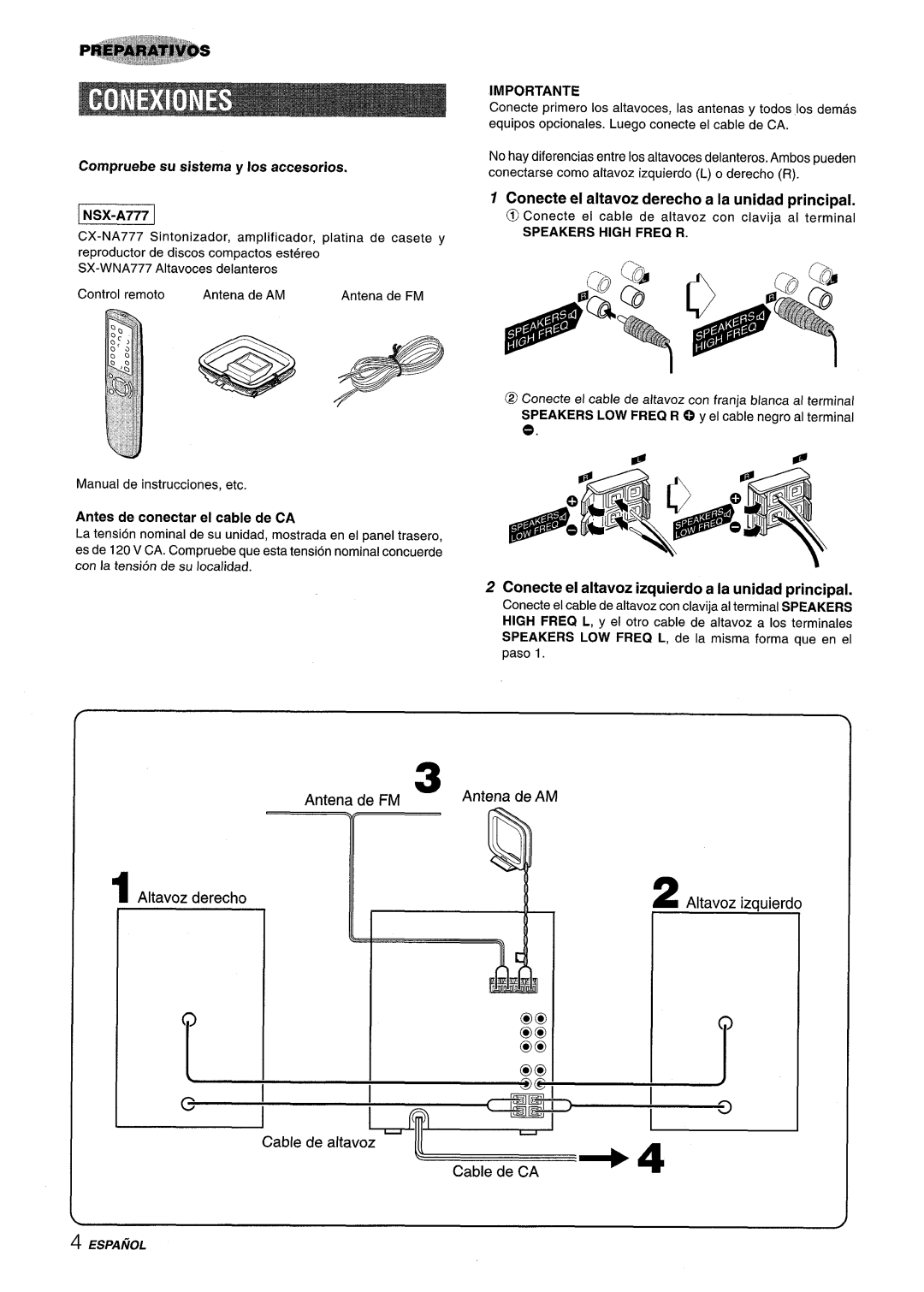 Sony NSX-A777 manual Compruebe su sistema y Ios accesorios, Antes de conectar el cable de CA, Antena de FM Antena de AM 