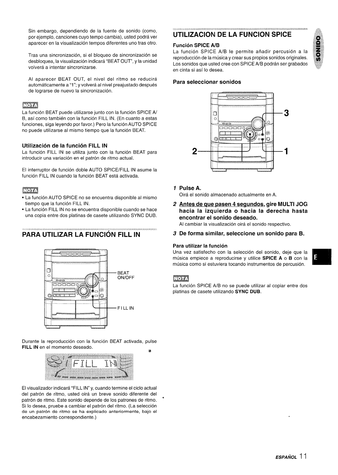 Sony NSX-A777 manual Funcion Spice A/B, Para seleccionar sonidos Utilization de la funcion Fill, Pulse a 