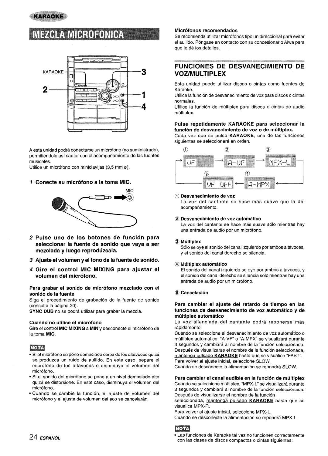 Sony NSX-A777 FUNClONES DE Desvanecimiento DE VOZ/MULTIPLEX, Conecte su microfono a la toma MIC, Microfonos recomendados 