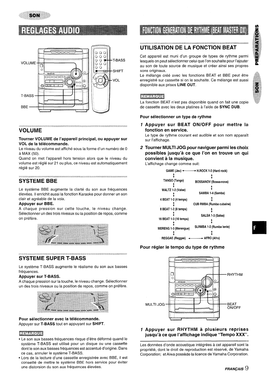 Sony NSX-A777 manual Appuyer sur Beat ON/OFF pour mettre 11 fonction en service, Pour regler Ie tempo du type de rythme 