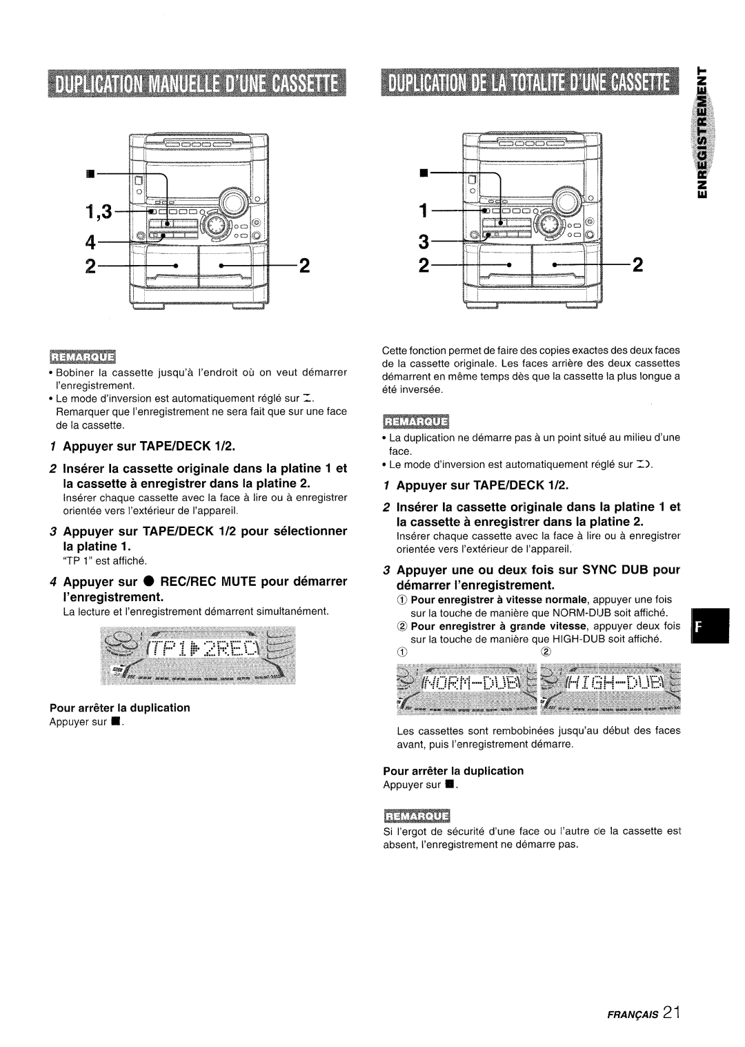 Sony NSX-A777 manual Appuyer sur TAPE/DECK 1/2 pour selectionner la platine, Pour arr~ter la duplication, Fraiv~A/S 