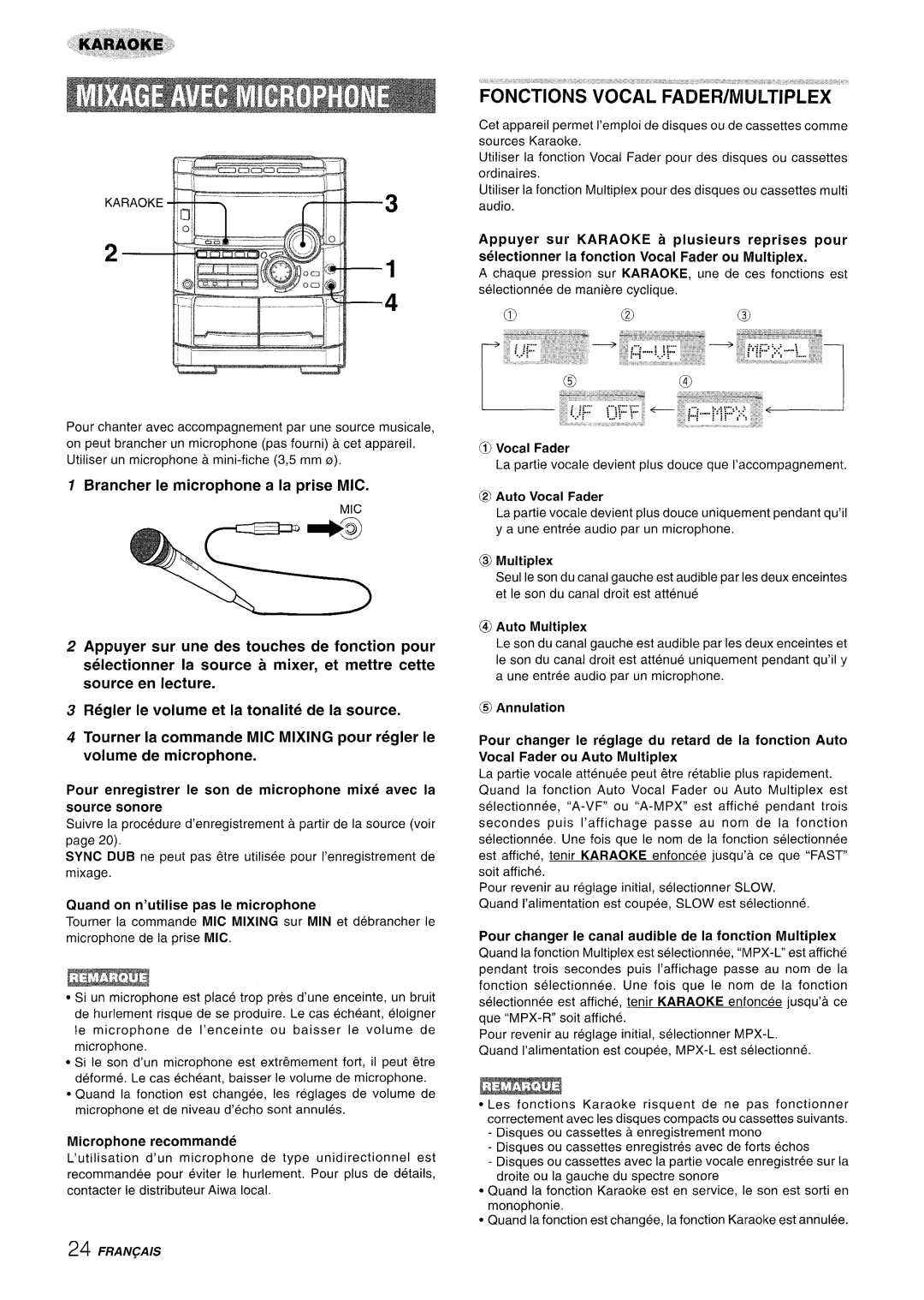 Sony NSX-A777 manual FONCTiOik Vocal FADER/iiilUiTIPL~X, Brancher Ie microphone a la prise MIC 