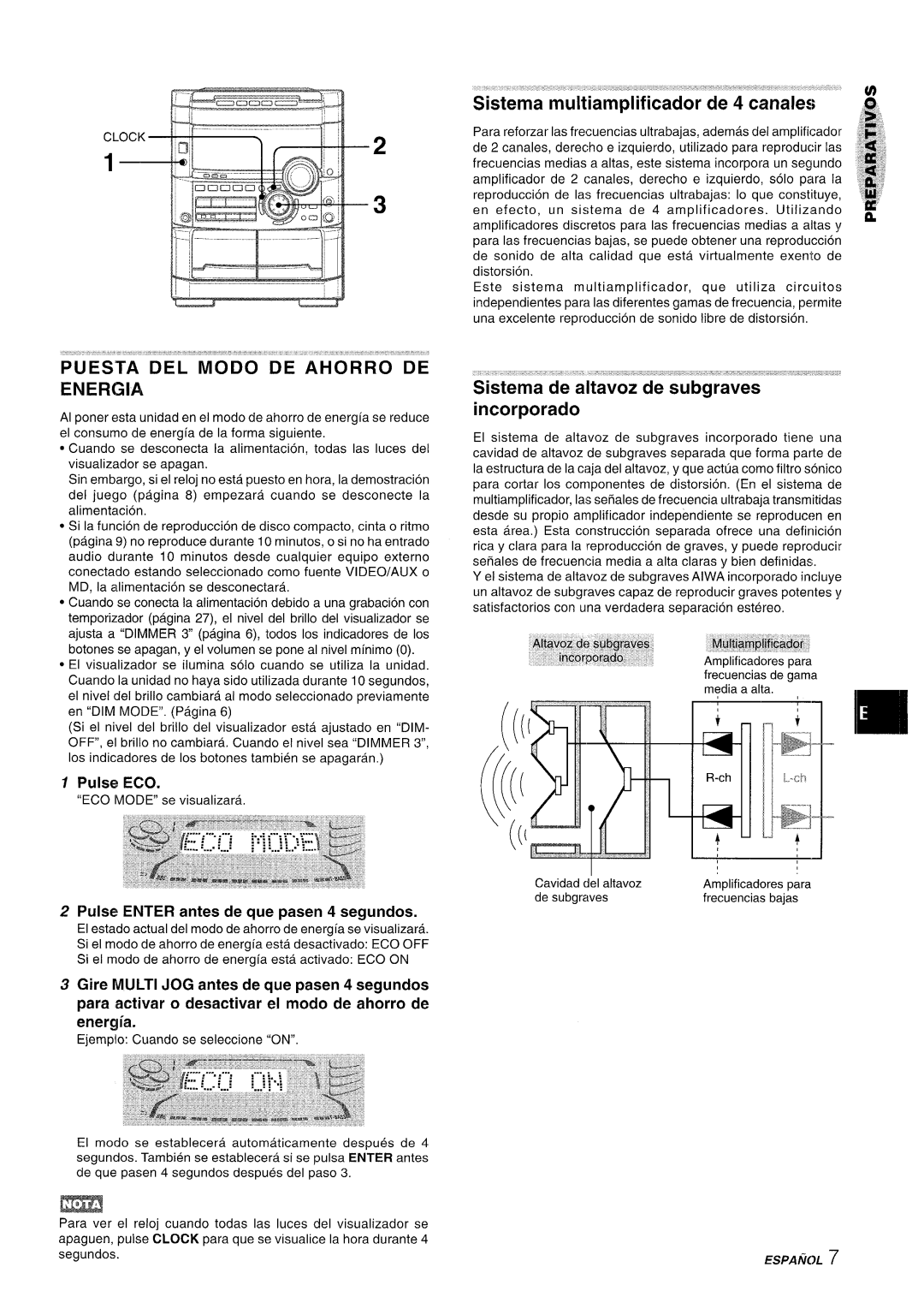 Sony NSX-A777 manual Puesta Del Modo De Ahorro De Energia, Sistema” rnultiarnpl”ficador de 4 canales, Pulse Eco, segundos 