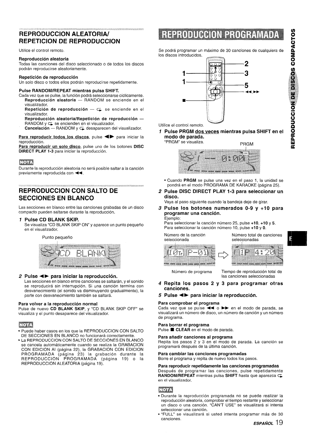 Sony NSX-A777 manual REPRODUCCION”ALEATORlti REPETIICICN DE REPRODUCTION, REPRODU6CION CON’’SALT6 DE “ SECCIONES EN BLANCO 