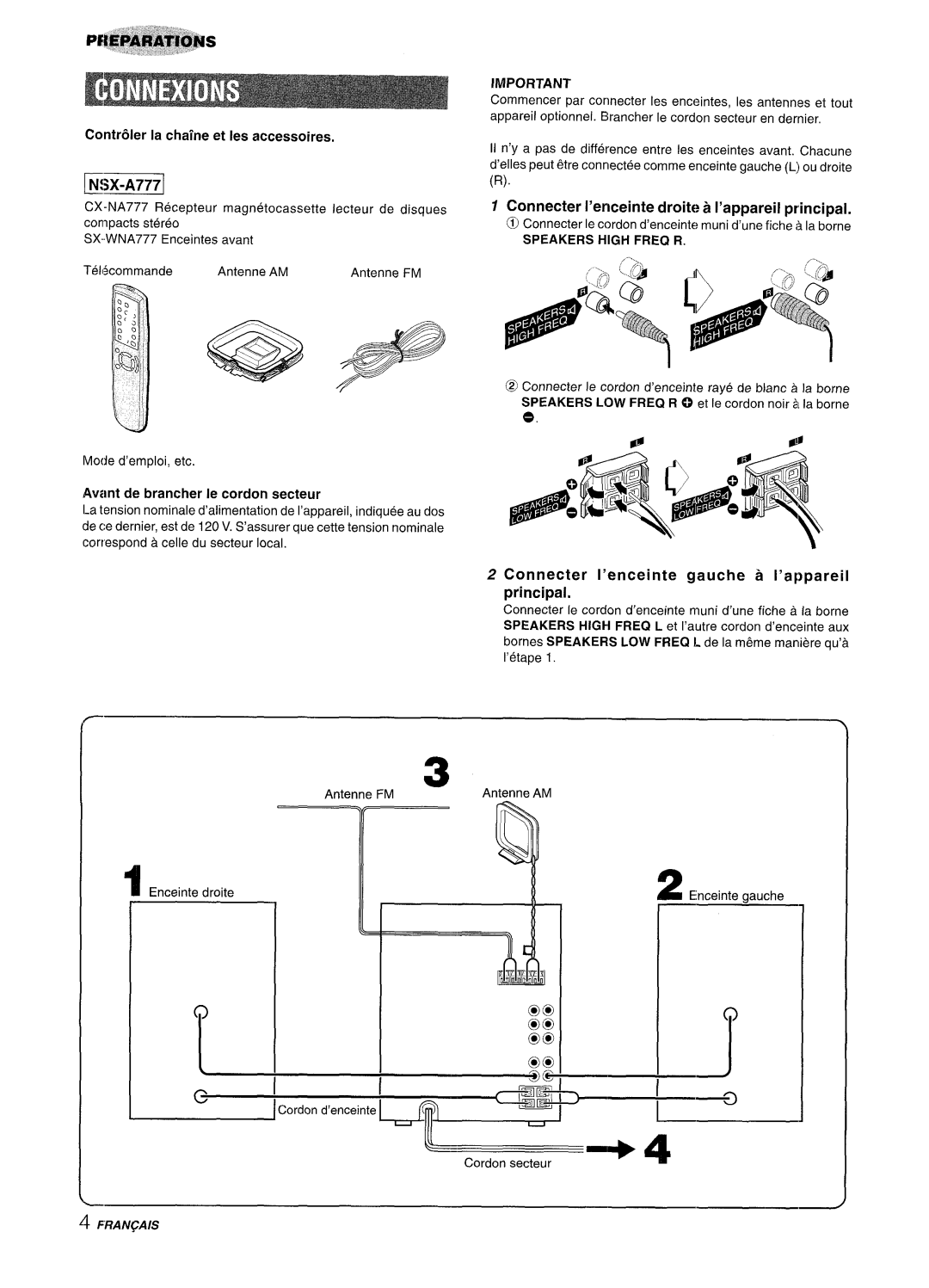 Sony NSX-A777 manual j N!X-A7771, Contr61er la chalne et Ies accessoires, Avant de brancher Ie cordon secteur 