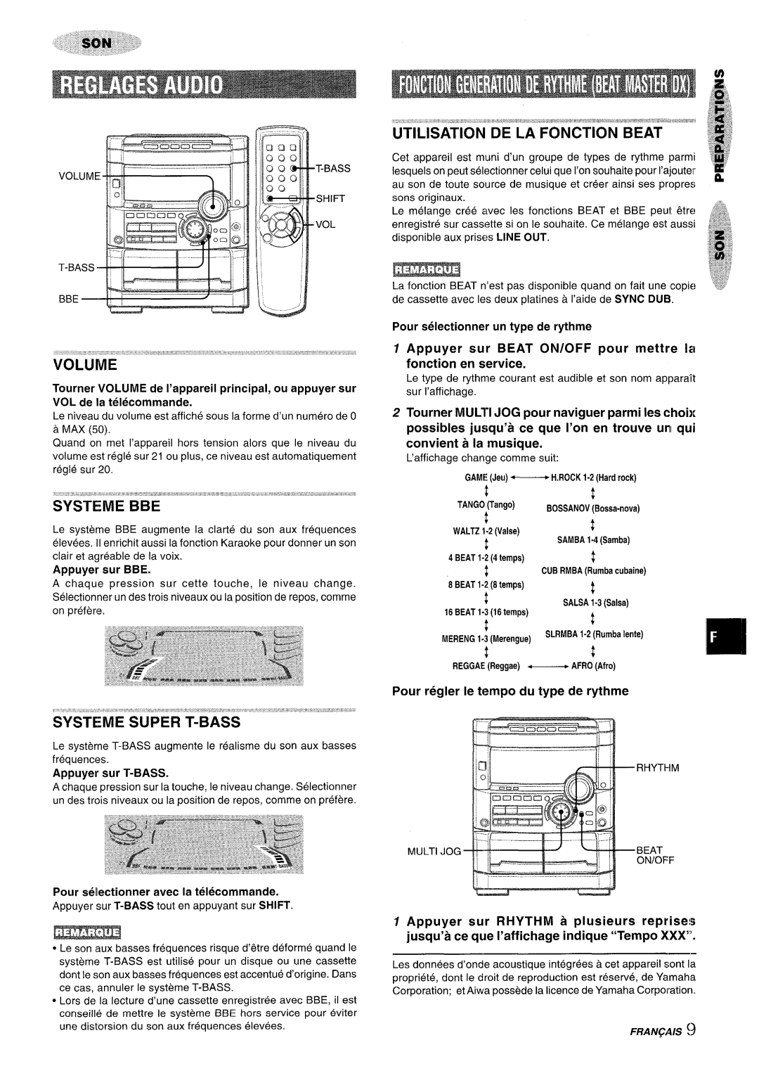 Sony NSX-A777 manual Appuyer sur BEAT ON/OFF pour mettre 11 fonction en service, Pour regler Ie tempo du type de rythme 