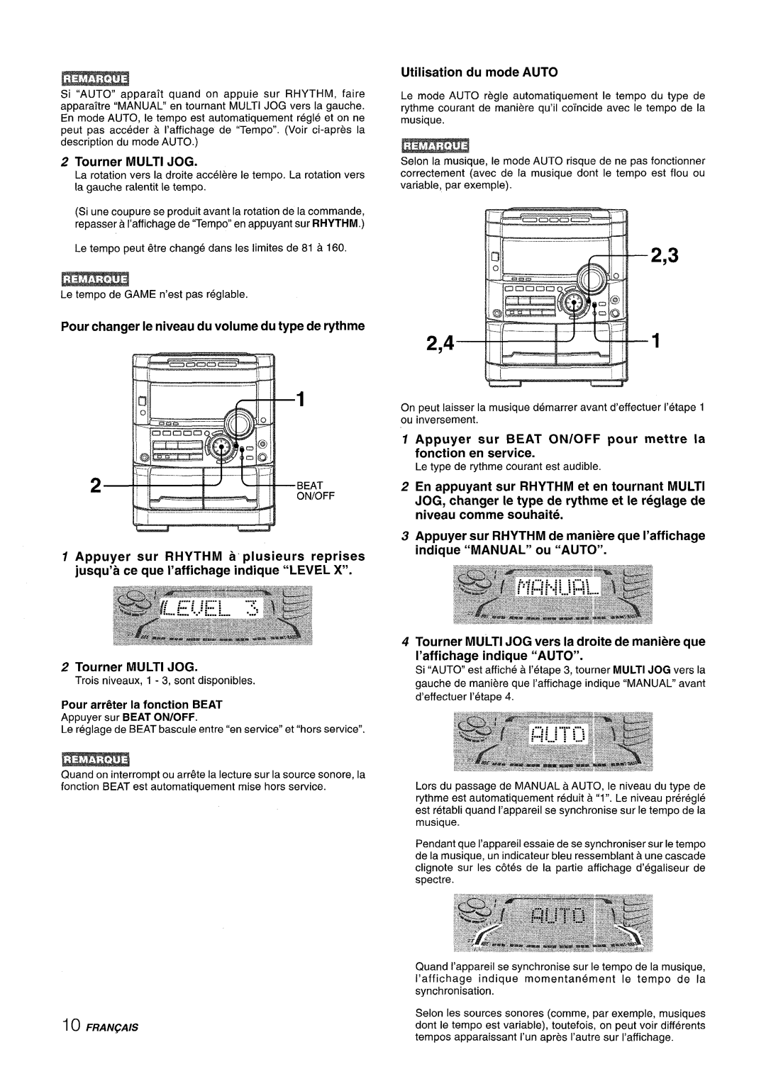 Sony NSX-A777 manual 2,41, Tourner MULTI JOG, Utilisation du mode AUTO, Pour changer Ie niveau du volume du type de rythme 