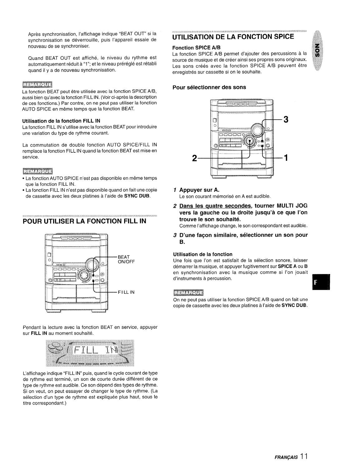 Sony NSX-A777 manual Pour Utiliser La Fonction Fill In, Pour selectionnler des sons 1 Appuyer sur A, Fonction SPICE A/B 