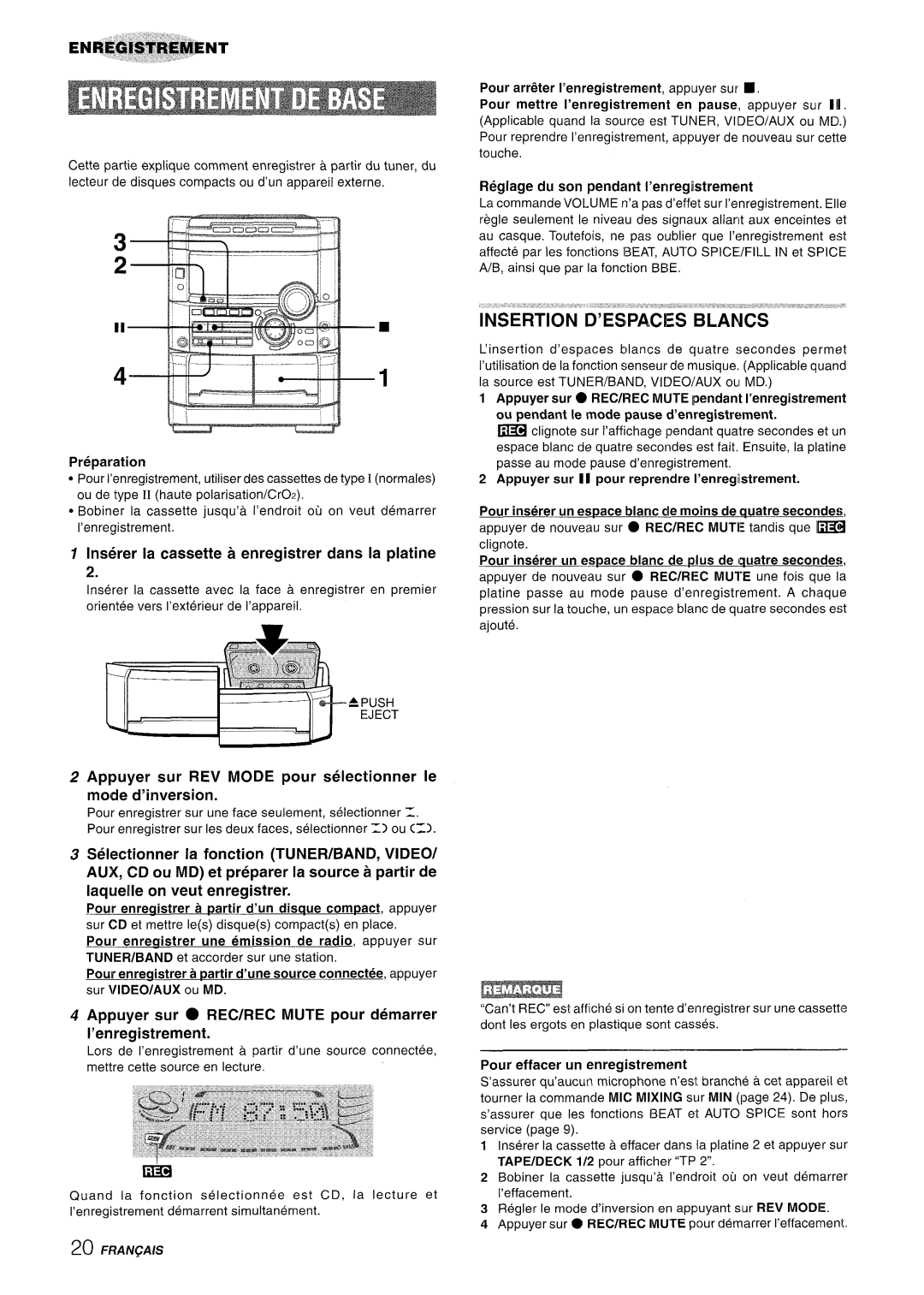 Sony NSX-A777 manual Ii&l, INSERTION D’ESPACES BLANCS ““a”’””’”””“’, Inserer la cassette a enregistrer clans la platine 