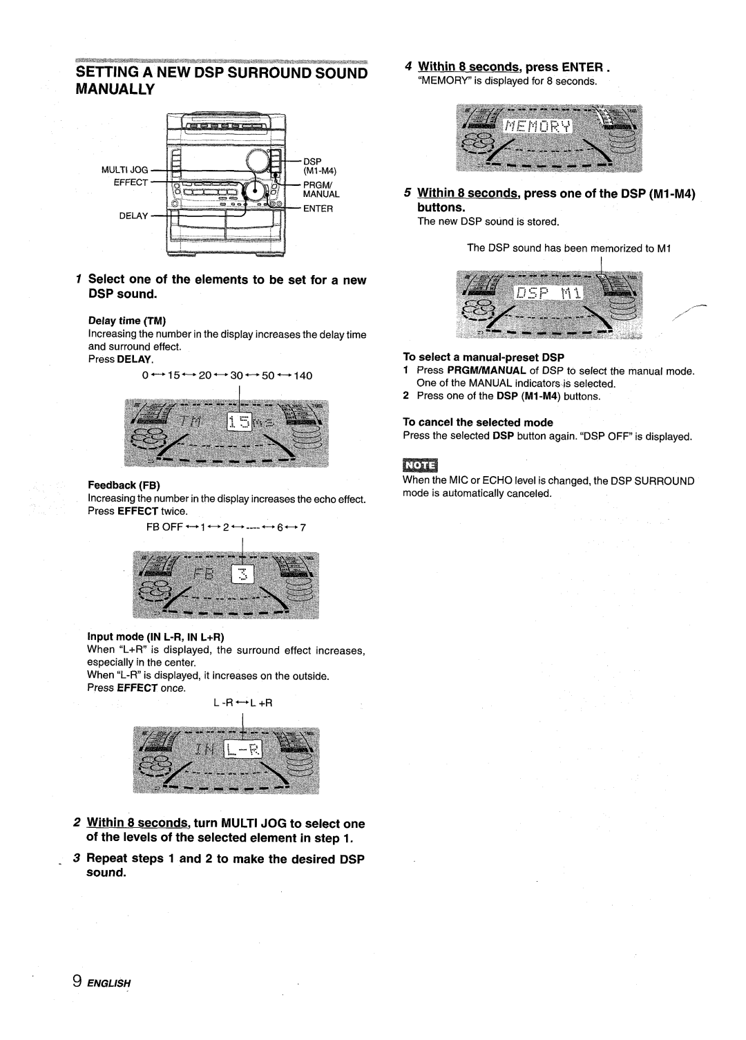 Sony NSX-A959 manual Setting a NEW DSP Surround Sound Manually, Select one of the elements to be set for a new DSP sound 