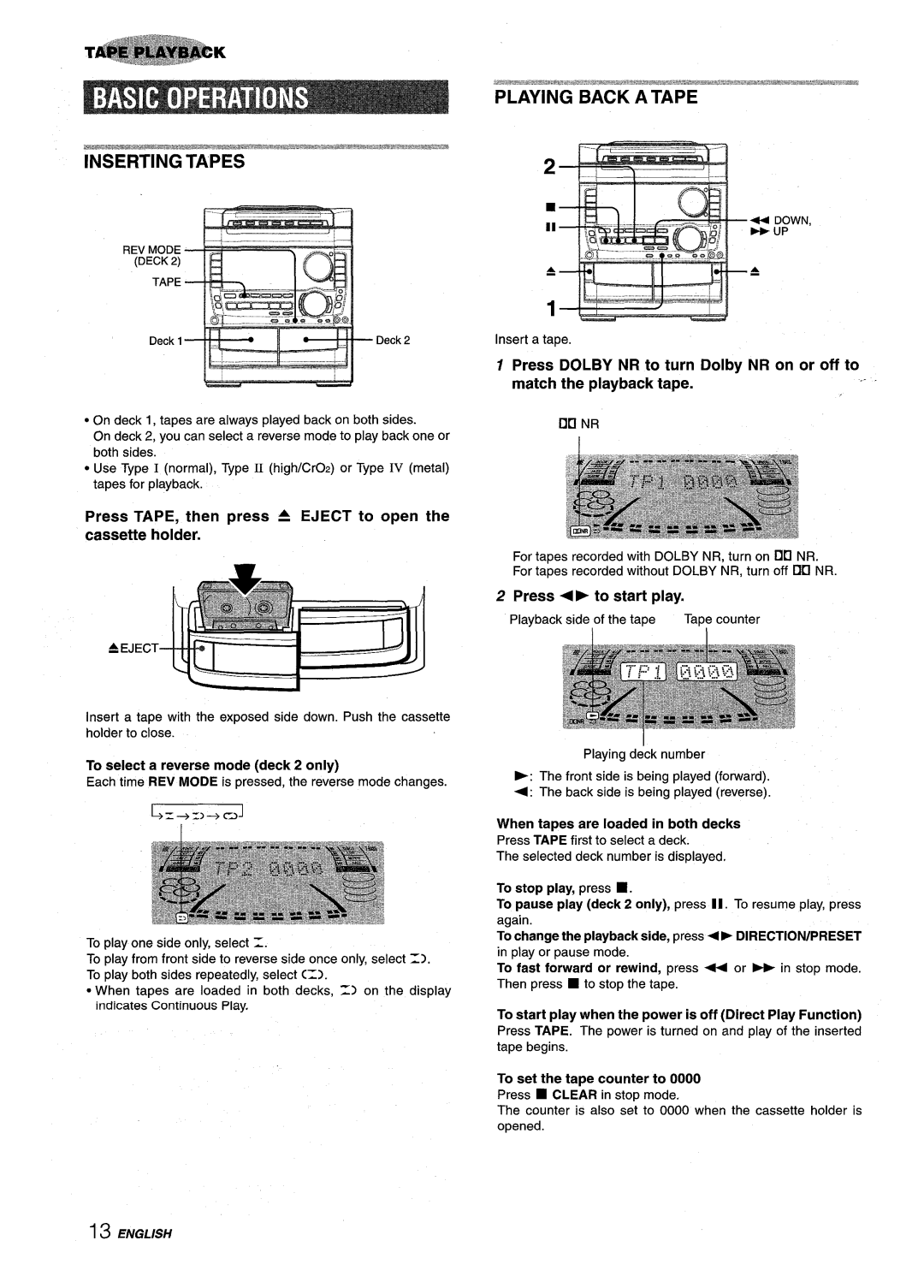 Sony NSX-A959 manual Press Dolby NR to turn Dolby NR on or off to, Press P to start play, To set the tape counter to 