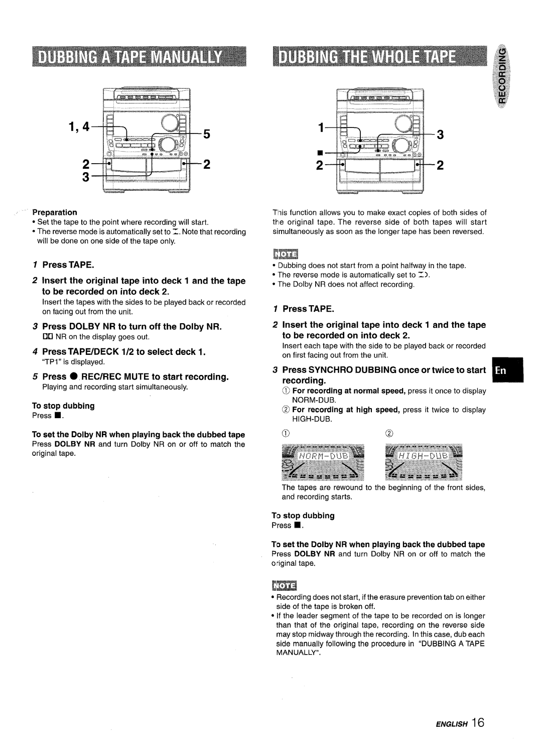 Sony NSX-A959 manual Press Dolby NR to turn off the Dolby NR, Press TAPE/DECK 1/2 to select deck 