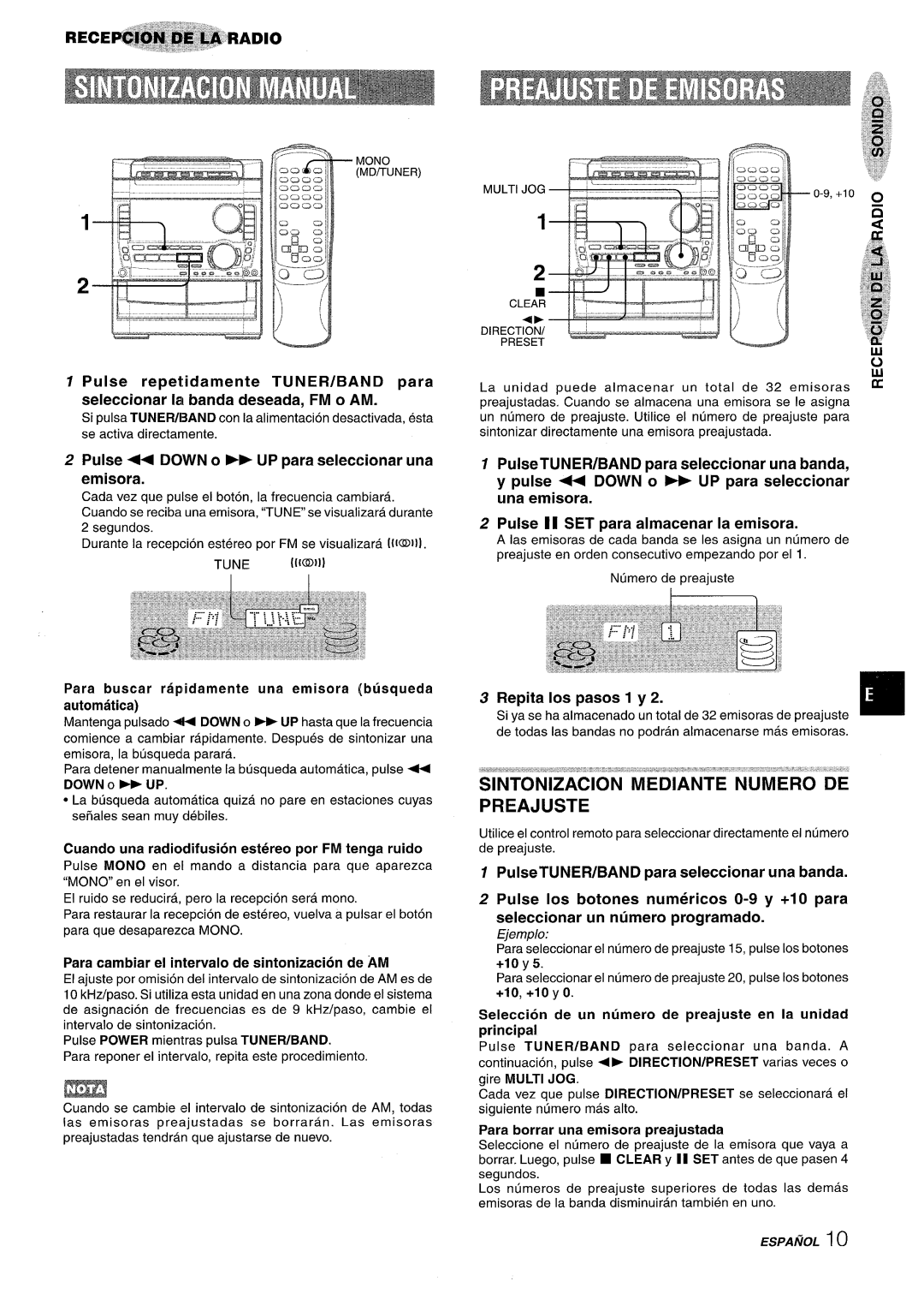 Sony NSX-A959 manual Seleccionar La banda deseada, FM o AM, Pulse + Down o P UP para seleccionar una emisora, Down O W UP 