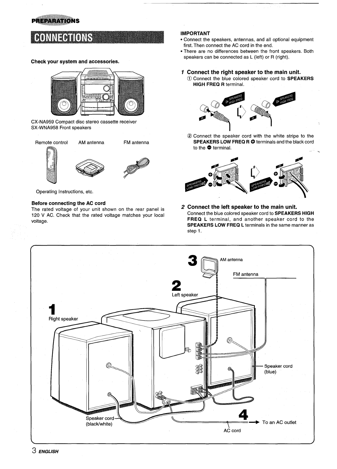 Sony NSX-A959 manual Connect the right speaker to the main unit, Connect the left speaker to the main unit 