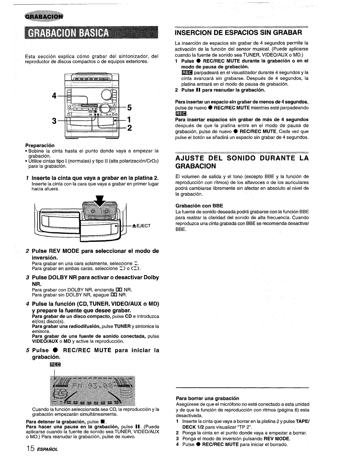 Sony NSX-A959 manual Insercion DE Espacios SIN Grabar, Ajuste DEL Sonido Durante LA Grabacion 