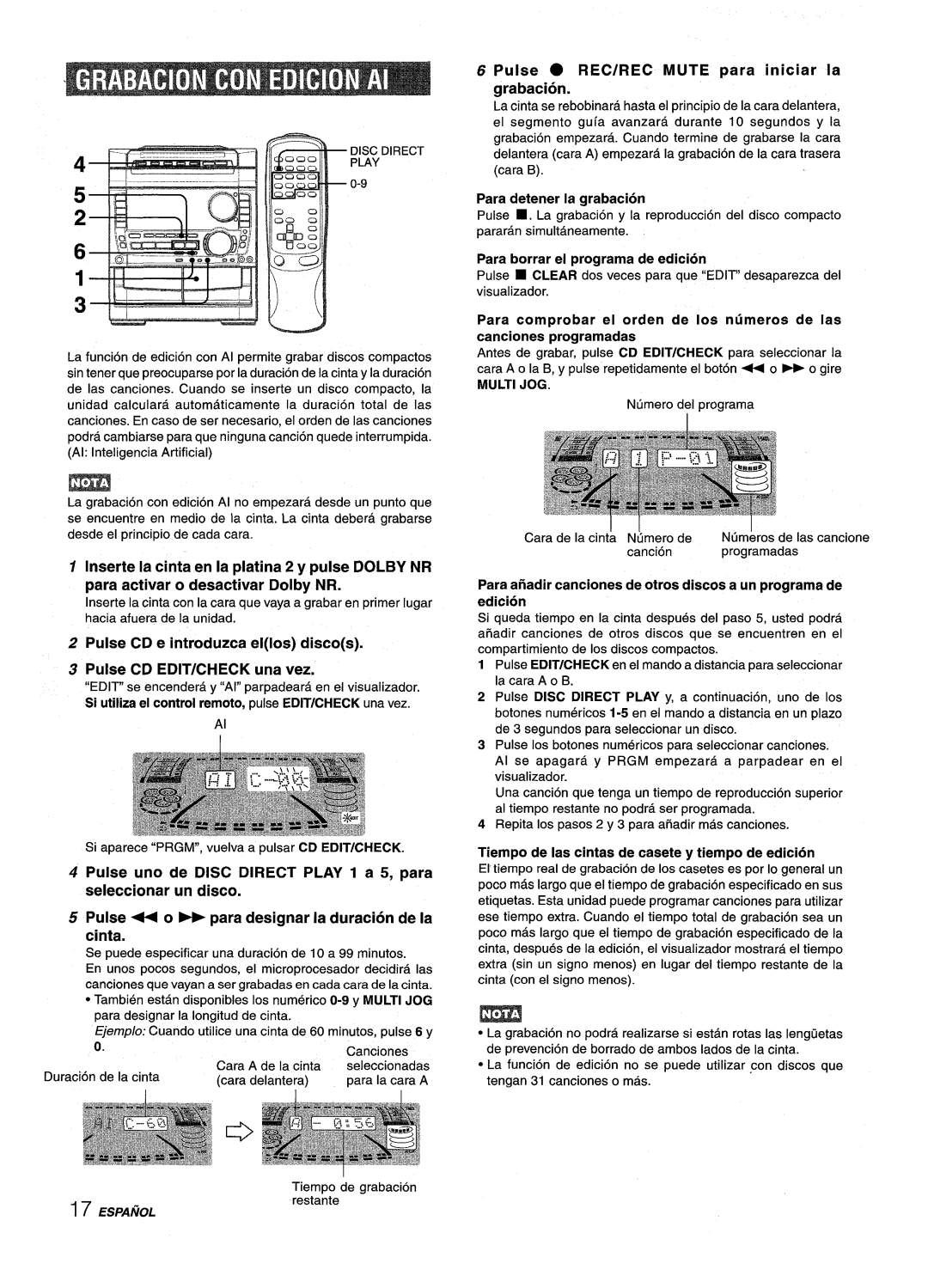 Sony NSX-A959 manual Para detener la grabacion, Disc Direct Play, Para borrar et programa de edition, Multi JOG 