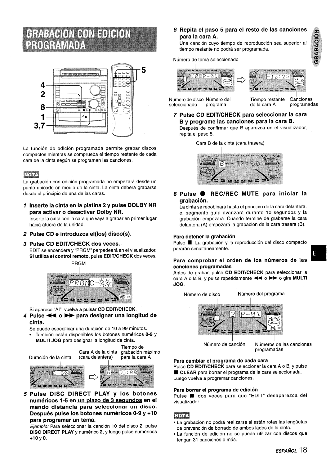 Sony NSX-A959 manual Pulse + 0 para designar una Iongitud de cinta, Para detener la arabacion, Canciones programadas 