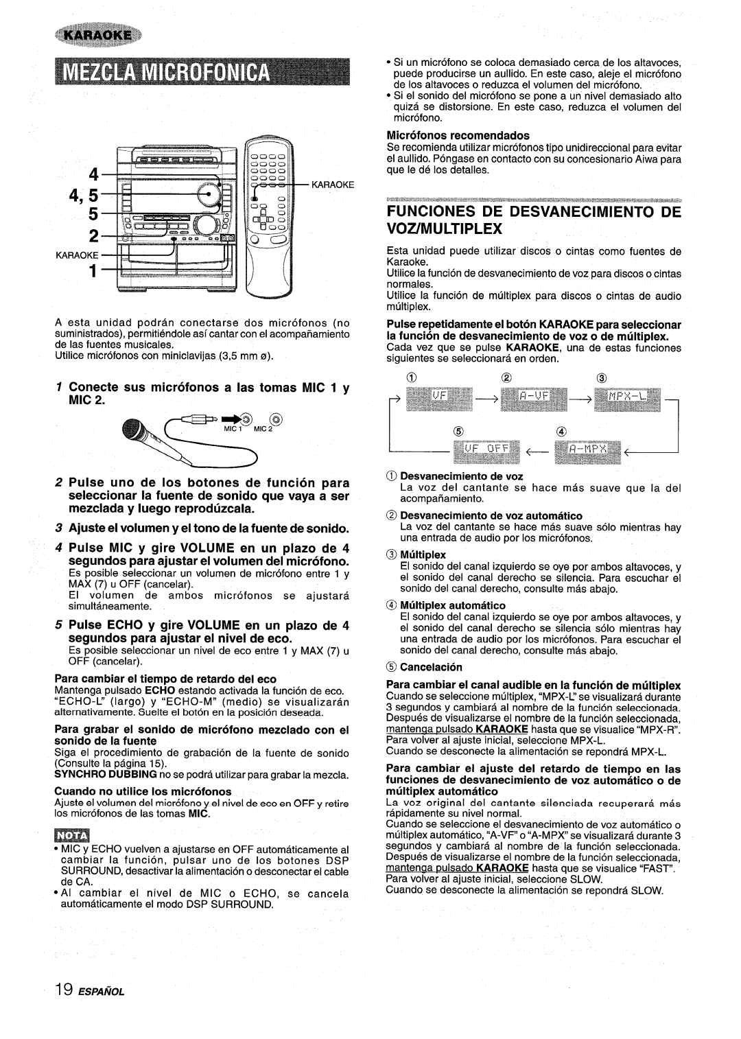 Sony NSX-A959 manual Voz/Multiplex, Para cambiar el tiempo de retardo del eco, Cuando no utilice Ios microfonos, Karaoke 