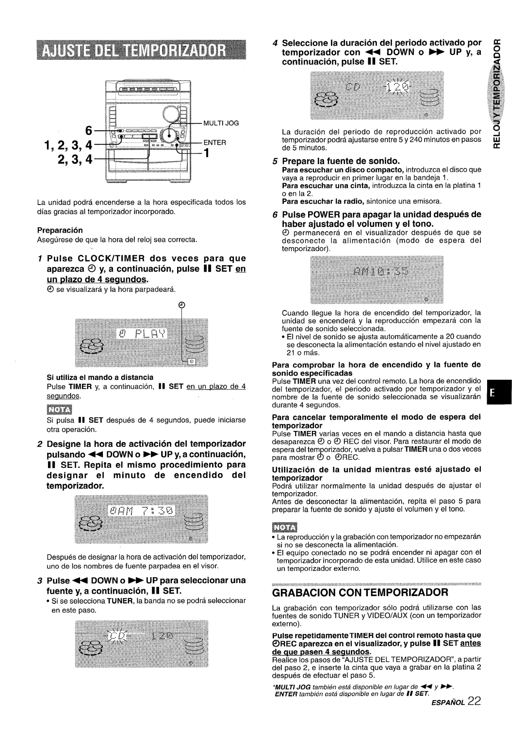 Sony NSX-A959 Grabacion CON Temporizador, Designe la Hors de activation del temporizador Pulsando, UP y, a corttinuacion 