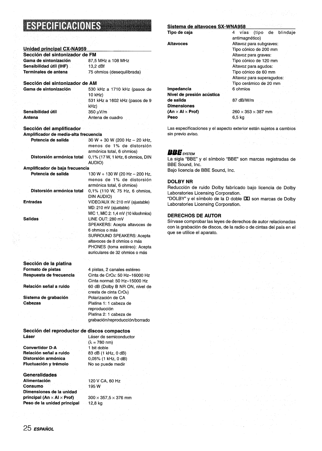 Sony NSX-A959 manual Sistema de altavoces SX-WNA958 Tipo de caja, Dolby NR, Derechos DE Autor 