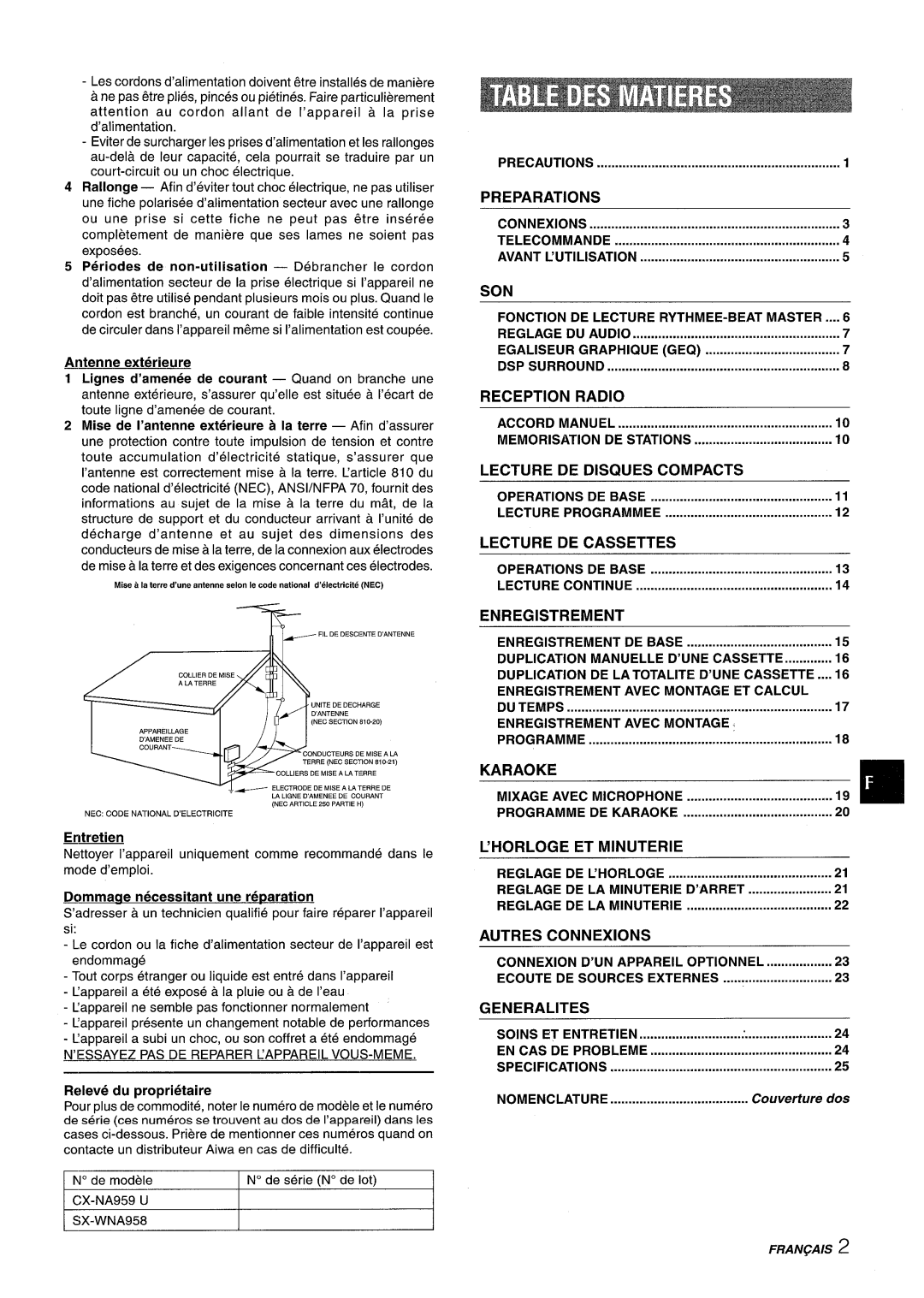 Sony NSX-A959 manual Precautions, Connexions Telecommande Avant L’UTILISATION, Fonction DE Lecture RYTHMEE-BEAT ....MASTER 