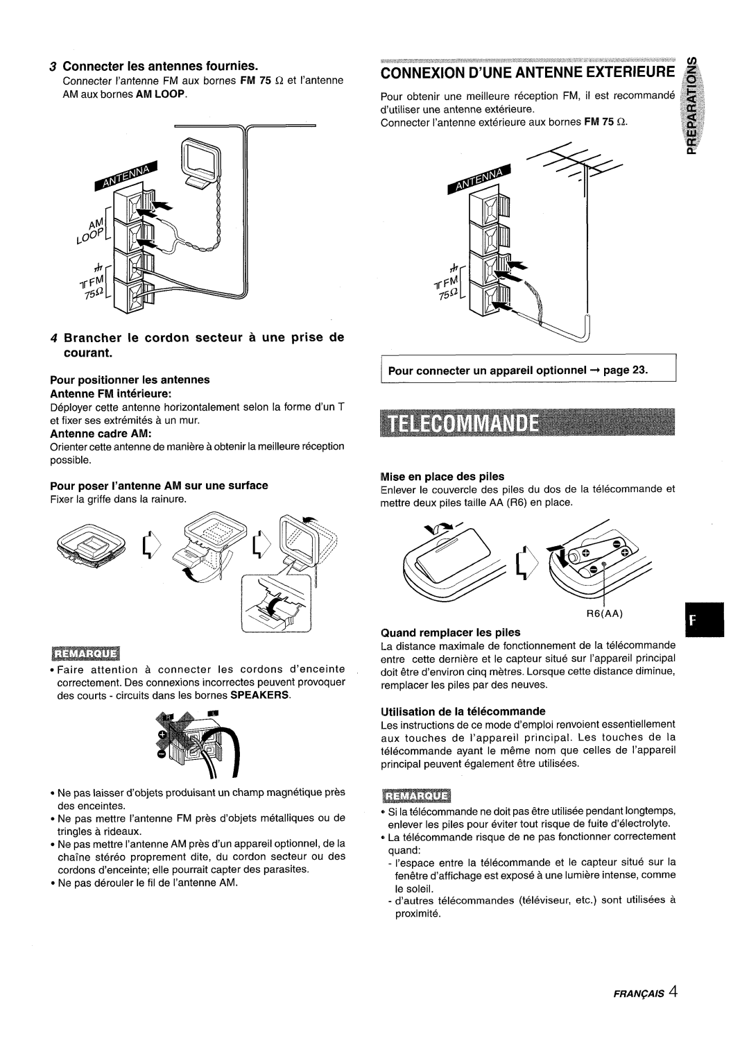 Sony NSX-A959 manual Connecter Ies antennes fournies, IJtilisation de la telecommande 