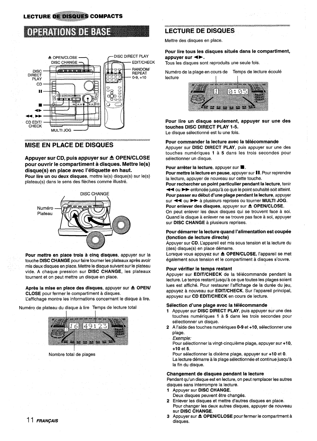 Sony NSX-A959 manual Mise EN Place DE Disques, Pour mettre en place trois h cinq disques, appuyer sur la 