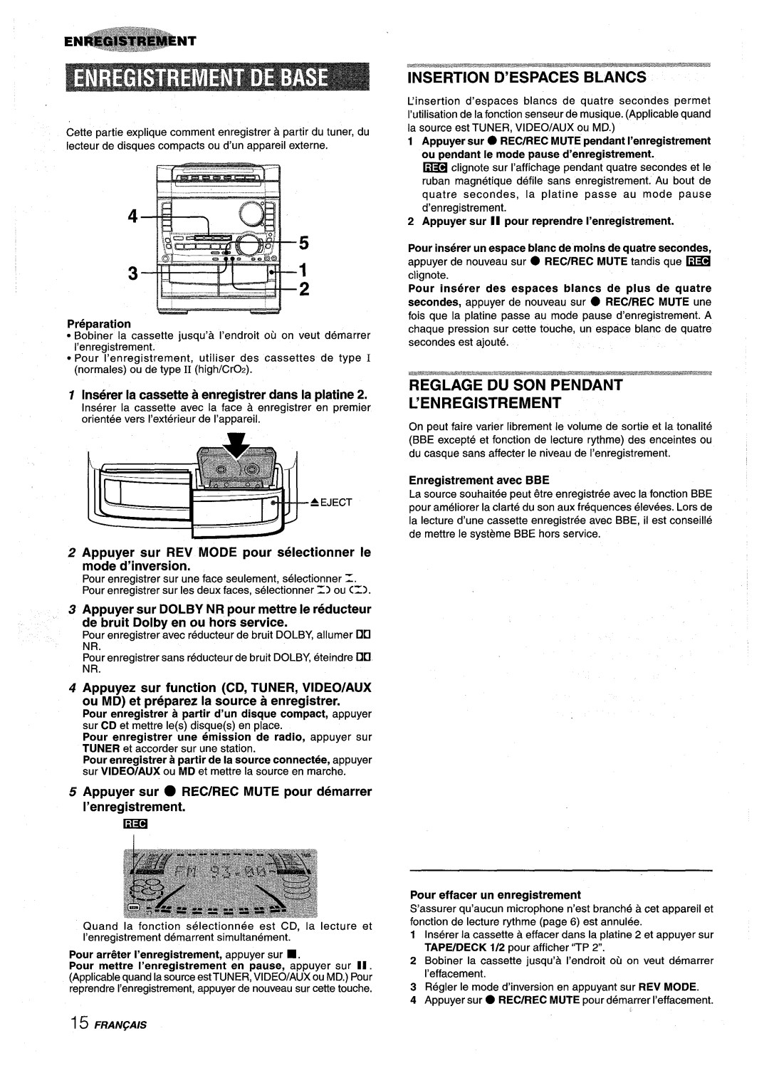 Sony NSX-A959 manual Insertion D’ESPACES Blancs, Reglage DU SON Pendant ’ENREGISTREMENT 