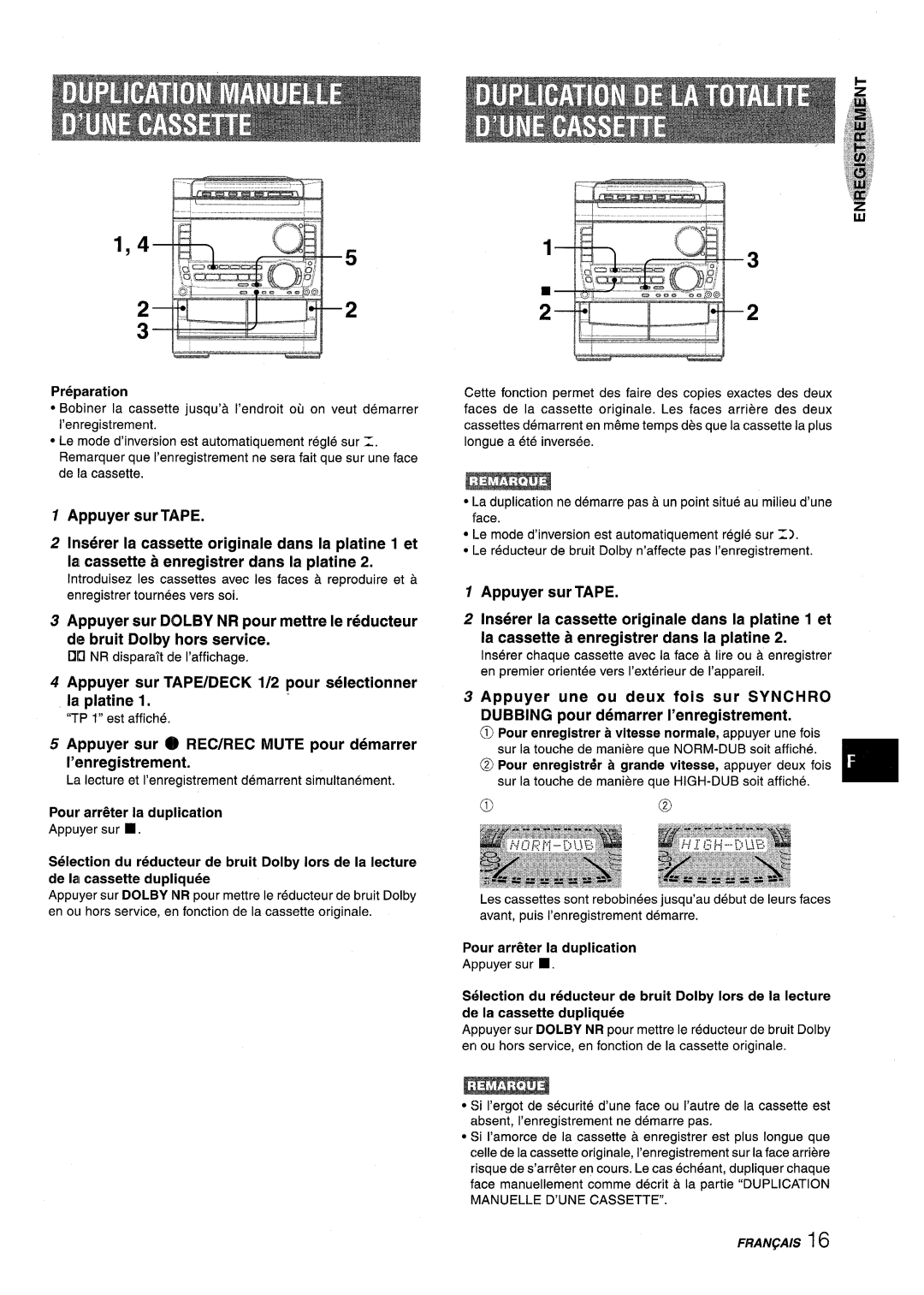 Sony NSX-A959 La platine, Appuyer sur Tape, Appuyer une ou deux fois sur Synchro, Appuyer sur @ REC/REC Mute pour demarrer 