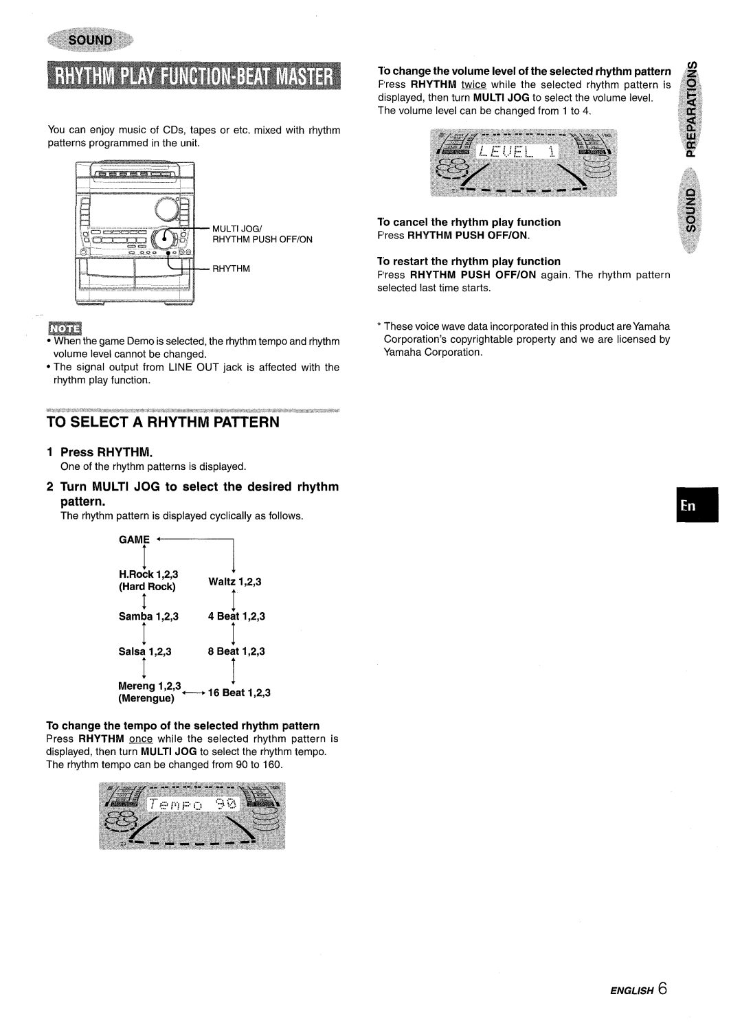 Sony NSX-A959 Press Rhythm, To change the volume level of the selected rhythm pattern, Cancel the rhythm play function 