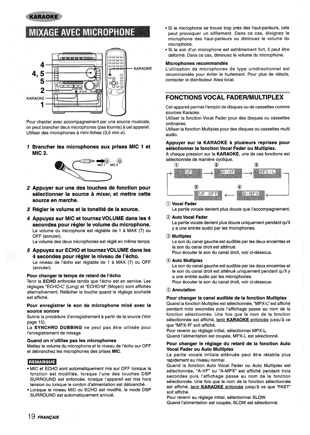 Sony NSX-A959 manual Fonctions Vocal FADER/MULTIPLEX, Quand on n’utilise pas Ies microphones, Microphones recommandes 