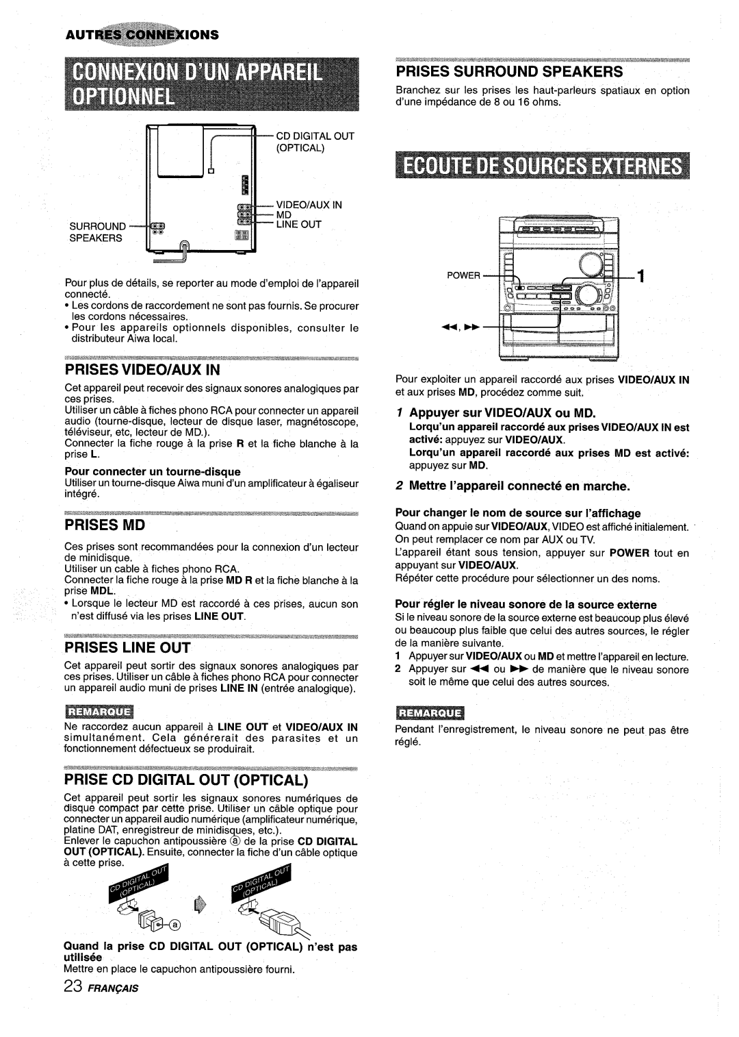 Sony NSX-A959 Prises VIDEO/AUX, Prises MD, Prises Line OUT, Prise CD Digital OUT Optical, Appuyer sur VIDEO/AUX ou MD 