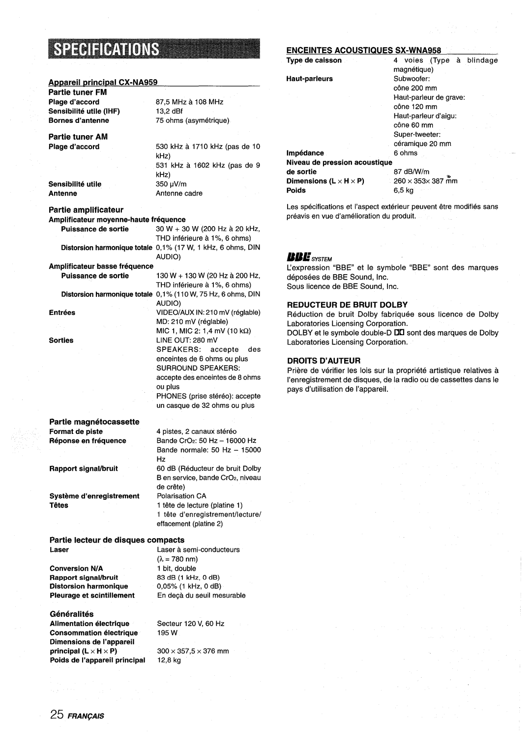 Sony NSX-A959 manual Partie tuner AM, Partie magnetocassette, Generalities 