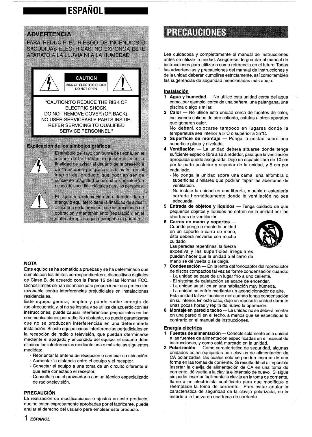 Sony NSX-A959 manual 1 ES/JAfiOL, Nota, Precaution, Instalacion, Eneraia electrica 