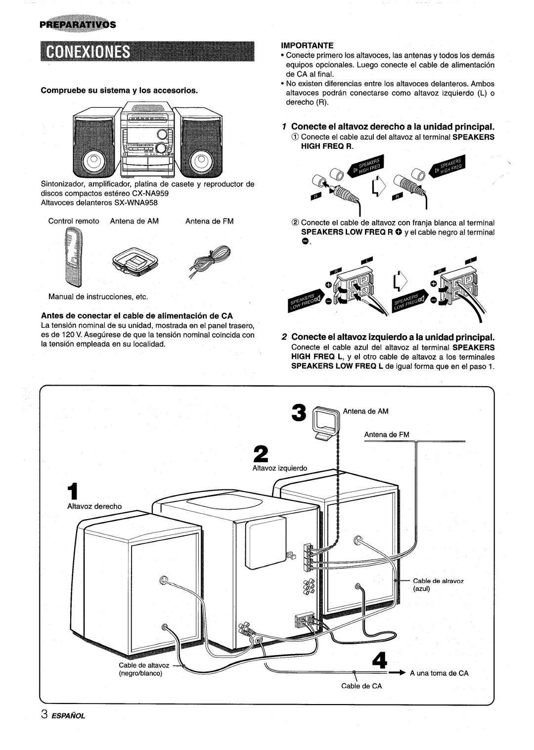 Sony NSX-A959 manual 3 ~AntenadeAM, Conecte el altavoz derecho a la unidad principal, Importante 