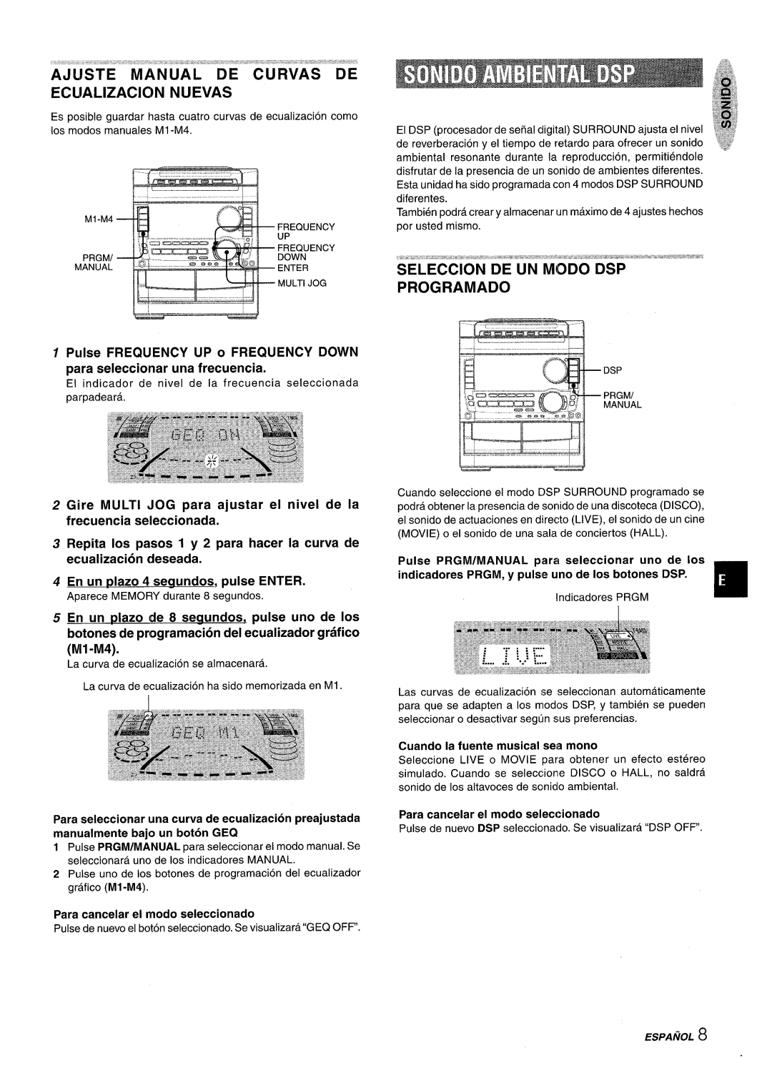 Sony NSX-A959 manual ECllALIZACION NUEVAS, Pulse FREQUENCY UP o FREQUENCY DOWN para seleccionar una frecuencia, k..-1 ,..,= 