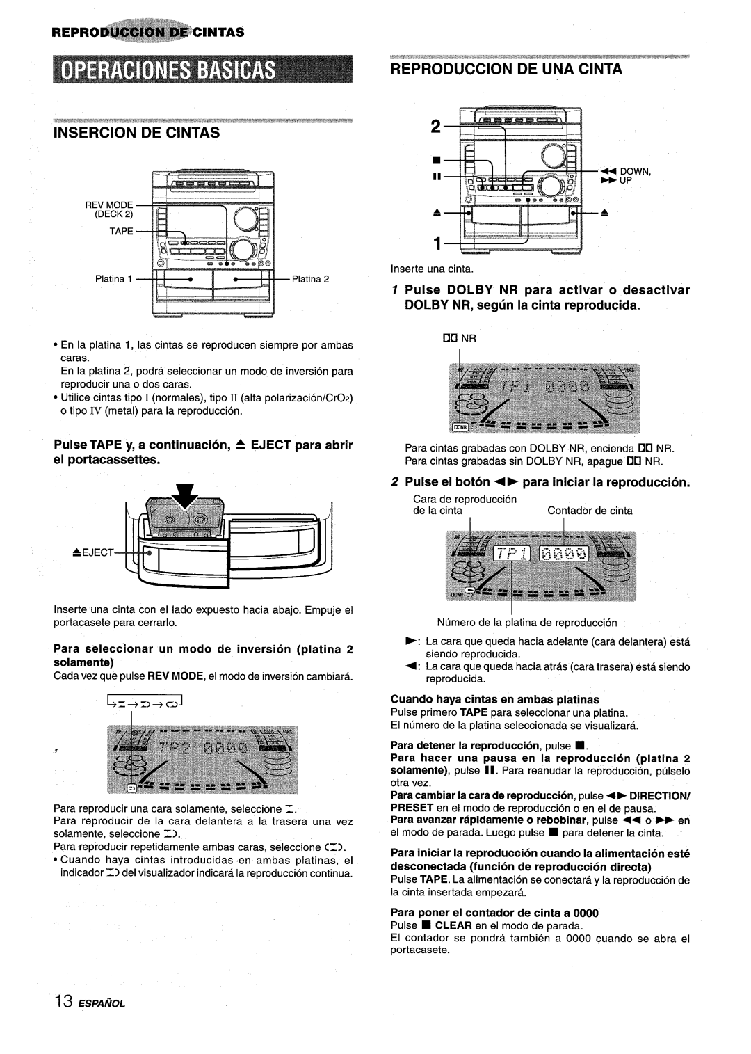 Sony NSX-A959 manual 2 ~.~’’’w”w”’“‘j, Pulse TAPE y, a continuation, A EJECT para abrir el portacassettes, t------- ----= 